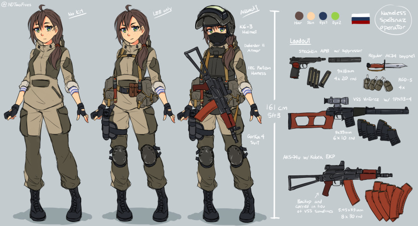 1girl, aks-74u, assault_rifle, balaclava, bayonet, brown_hair, fingerless_gloves, front_ponytail