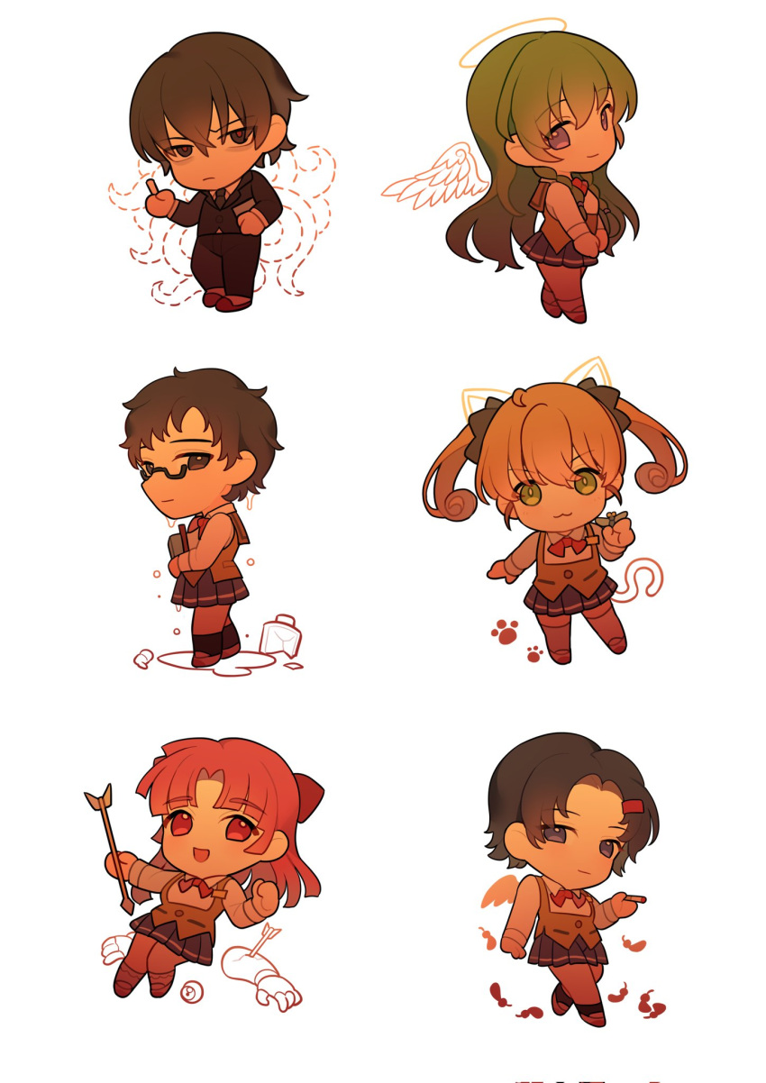 1boy, 5girls, :3, angel_wings, animal_ears, arrow_(projectile), black_eyes, black_hair