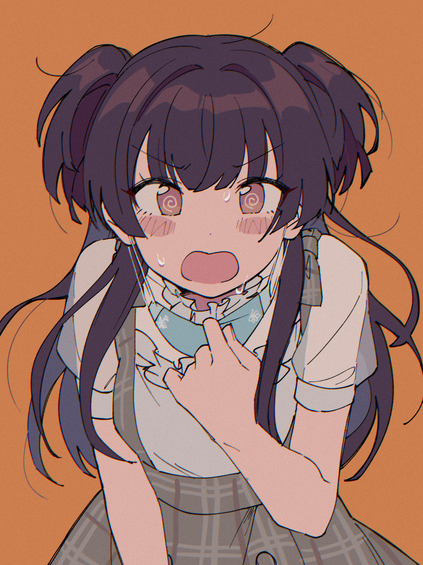 1girl, @_@, absurdres, black_hair, blunt_bangs, blush, bow, brown_background