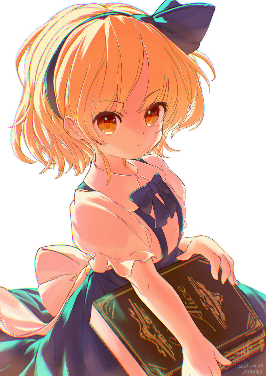 1girl, absurdres, alice_margatroid, alice_margatroid_(pc-98), artist_name, blonde_hair, blue_hairband, blue_skirt