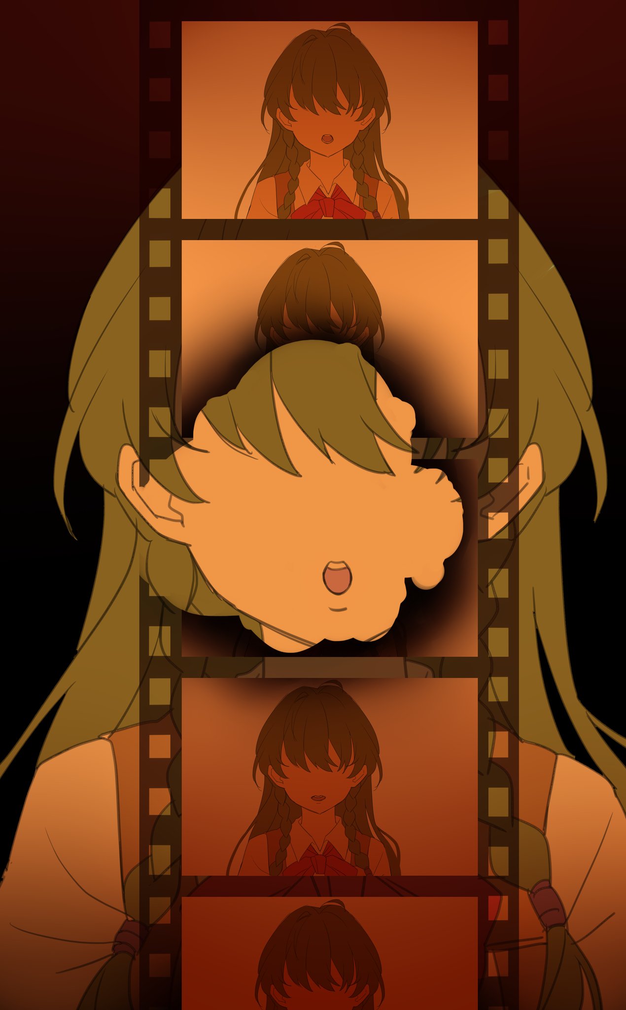 1girl, braid, faceless, faceless_female, film_reel, gradient_background, green_hair, highres