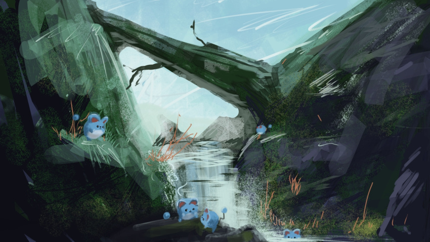 bridge, kawahara_ryuuta, marill, nature, no_humans, pokemon, pokemon_(creature), pokemon_(game)