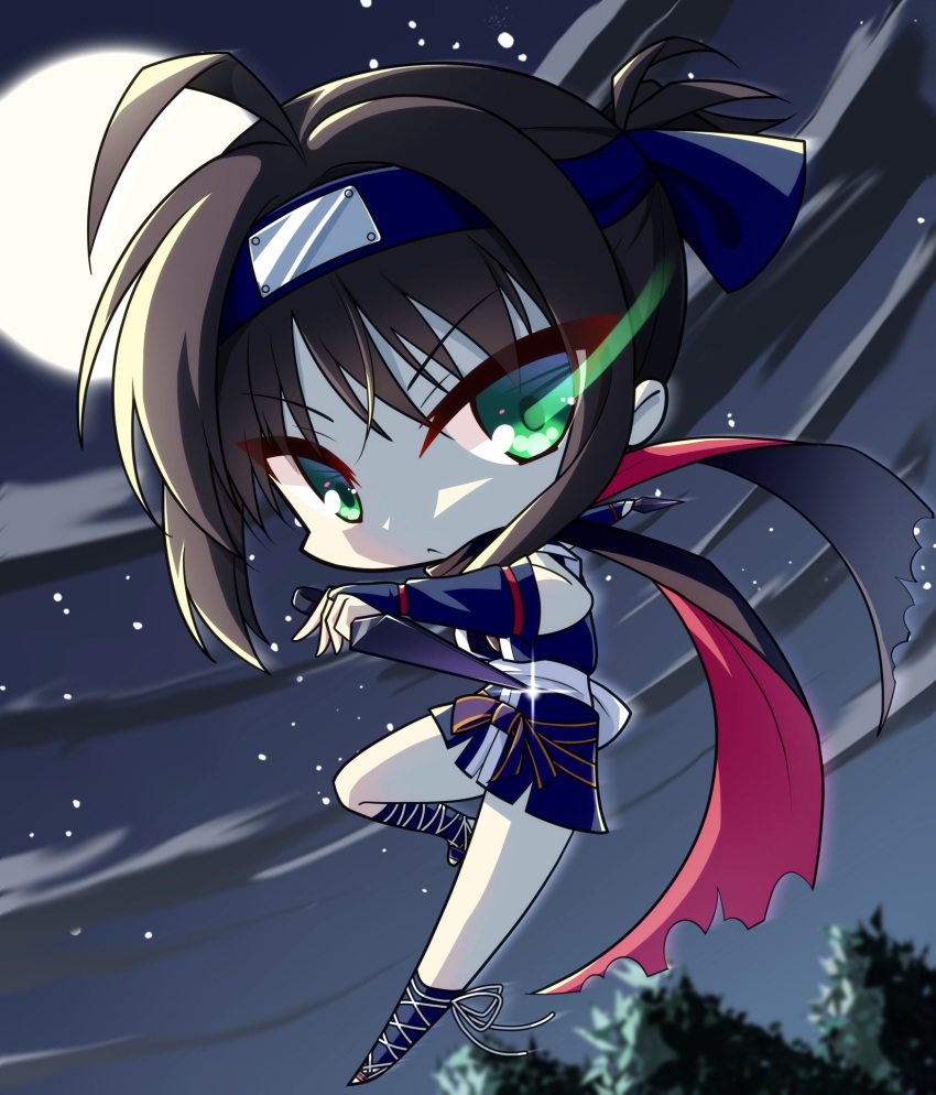 1girl, ahoge, arm_belt, backlighting, black_hair, black_scarf, blue_gloves, blue_kimono