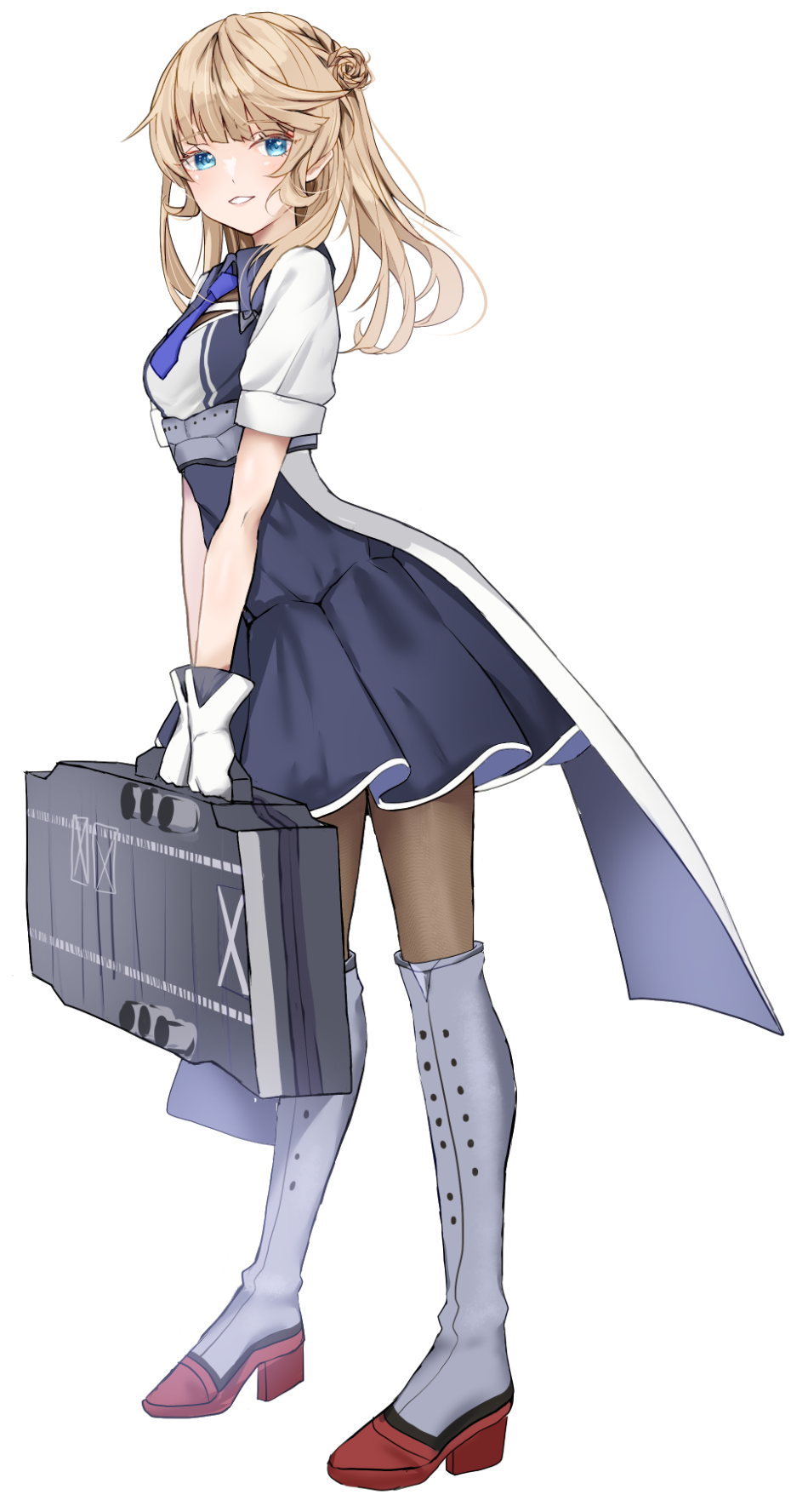 1girl, bag, black_dress, blue_eyes, blue_necktie, blush, brown_pantyhose, dress