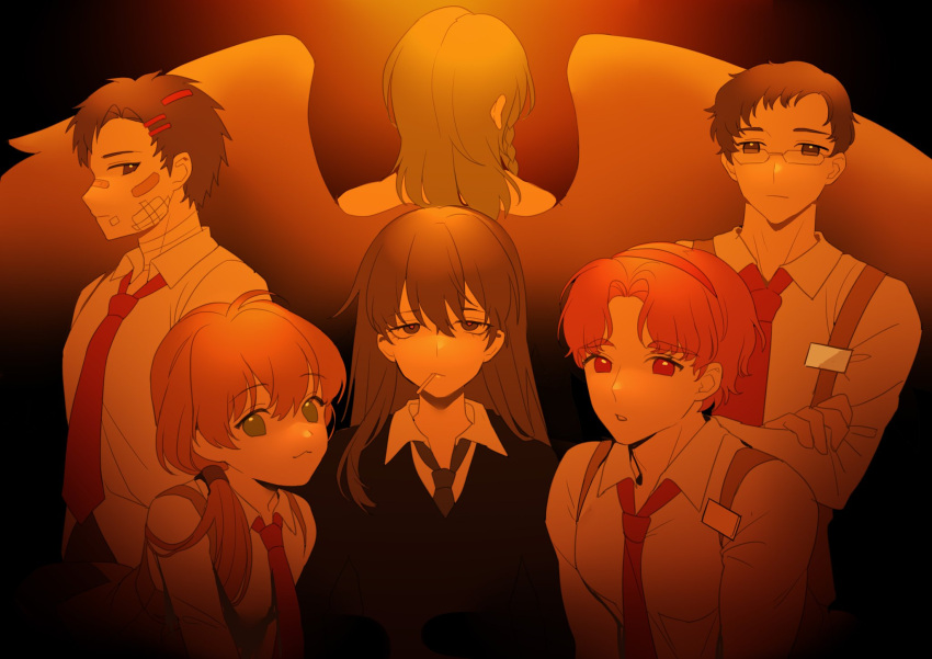 1girl, 5boys, :/, :3, angel, angel_wings, bandaid, bandaid_on_face