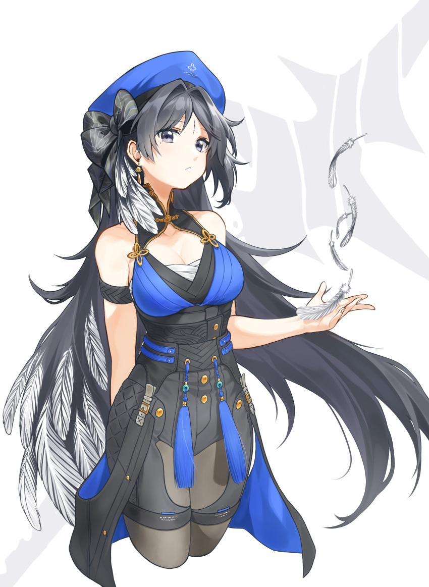 123ab456c, 1girl, absurdres, arm_strap, bare_shoulders, black_hair, blue_headwear, bow