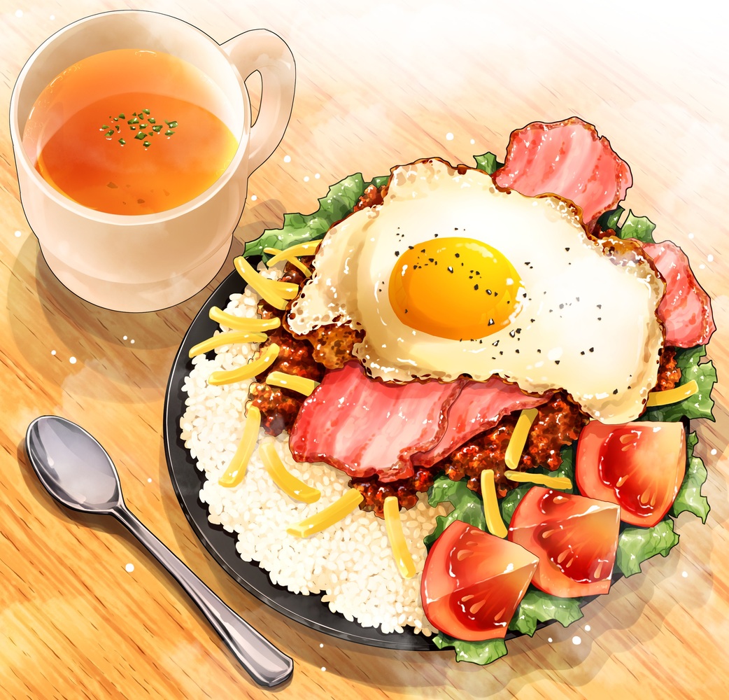 bacon, cup, egg_(food), food, food_focus, french_fries, lettuce, no_humans, ooranokohaku, original, pepper_(spice), plate, rice, shadow, spoon, still_life, tomato, tomato_slice