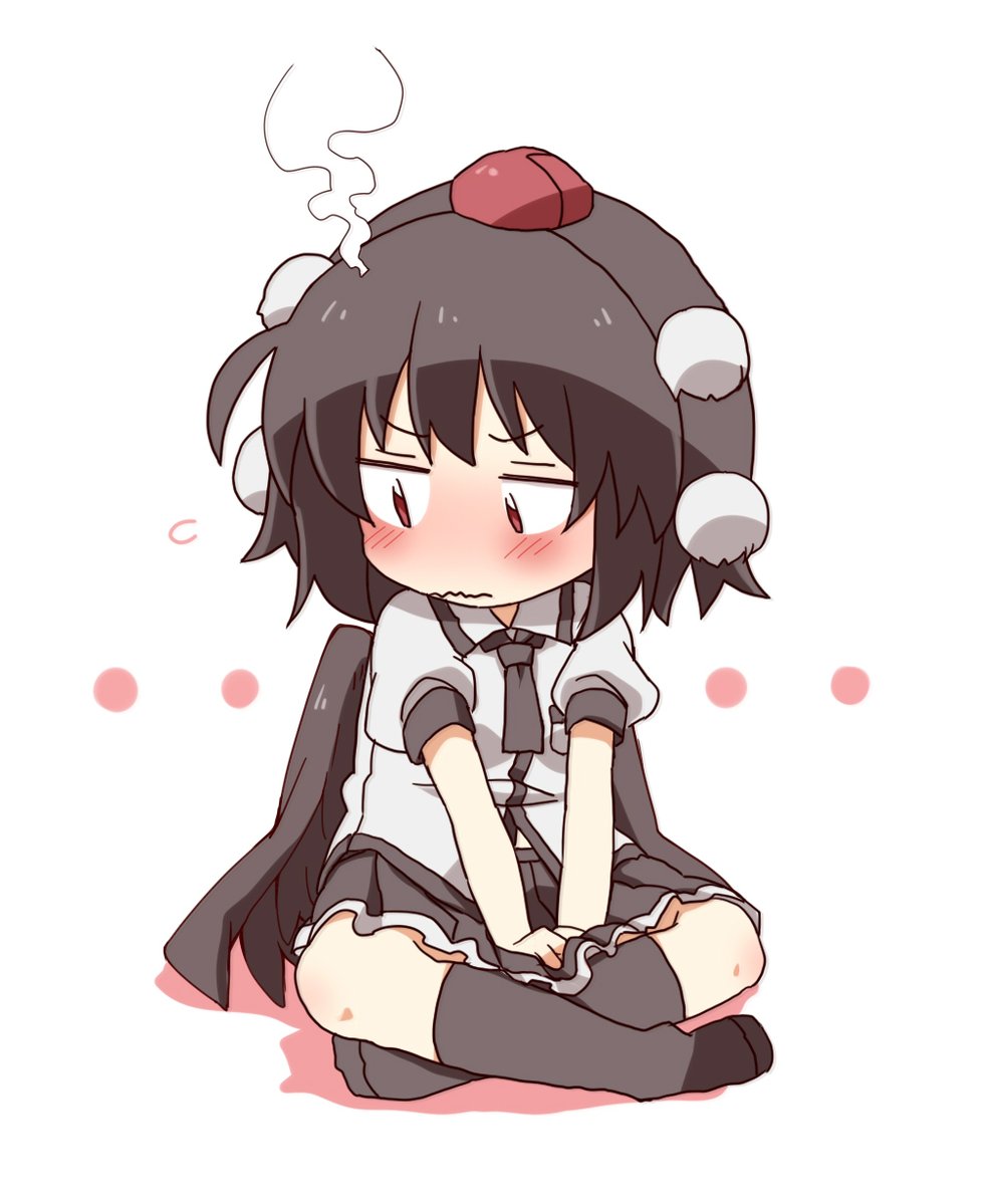 ..., 1girl, black_hair, black_skirt, black_socks, black_wings, blush, chibi, closed_mouth, collared_shirt, colored_shadow, commentary_request, dress_shirt, feathered_wings, flying_sweatdrops, full_body, hat, kneehighs, looking_away, looking_to_the_side, mini_hat, no_shoes, pleated_skirt, puffy_short_sleeves, puffy_sleeves, red_eyes, red_headwear, shadow, shameimaru_aya, shirt, short_sleeves, simple_background, sitting, skirt, socks, solo, steam, tokin_hat, totoharu_(kujirai_minato), touhou, wavy_mouth, white_background, white_shirt, wings