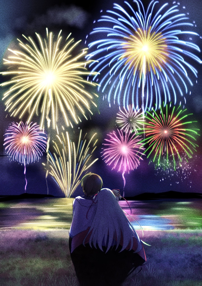 1boy, 1girl, arichi_masaomi, brown_hair, commentary, couple, fireworks, from_behind