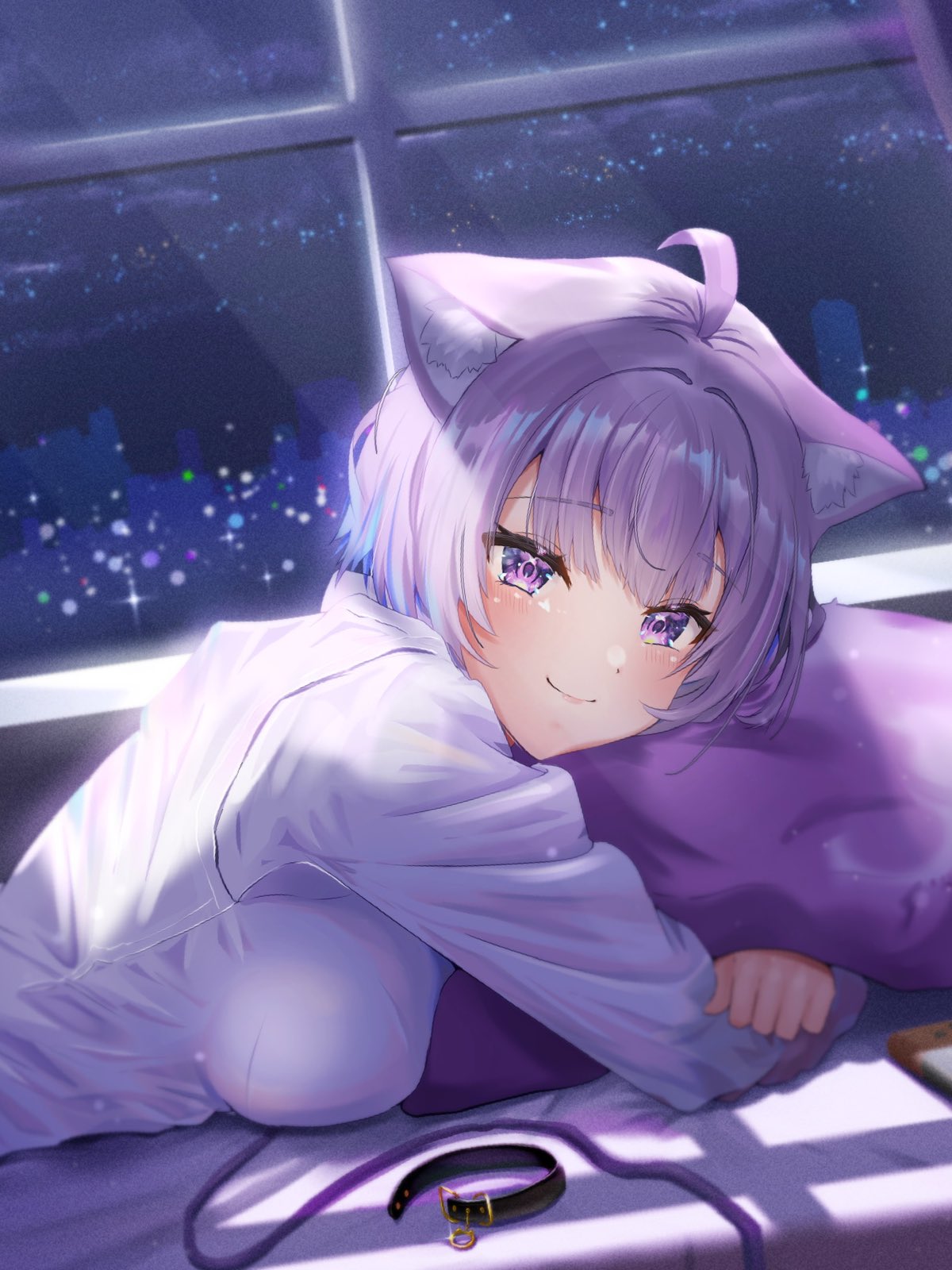 1girl, ahoge, animal_ears, backlighting, black_choker, blush, breasts, cat_ears, cat_girl, choker, choker_removed, cityscape, closed_mouth, commentary_request, crossed_arms, eyelashes, hair_between_eyes, happy, head_on_pillow, head_tilt, highres, hololive, indoors, large_breasts, light_rays, long_sleeves, looking_at_viewer, lying, nekomata_okayu, night, object_hug, on_bed, on_stomach, pillow, pillow_hug, purple_hair, purple_ribbon, ribbon, ribbon_removed, shirt, short_hair, sky, smile, solo, spiky_hair, star_(sky), starry_sky, torakichi_888, upper_body, white_shirt, window