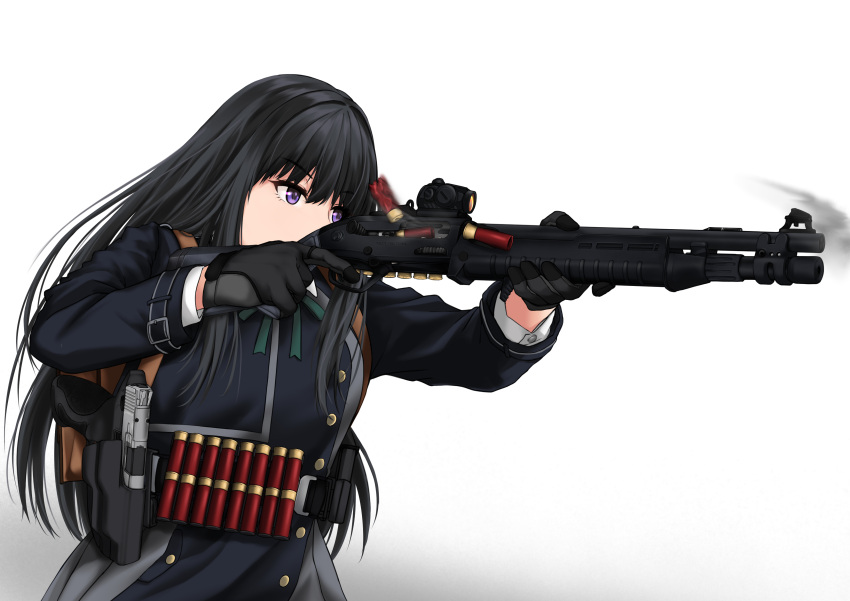 1girl, absurdres, beretta_1301, black_gloves, black_hair, blue_eyes, firing, gloves
