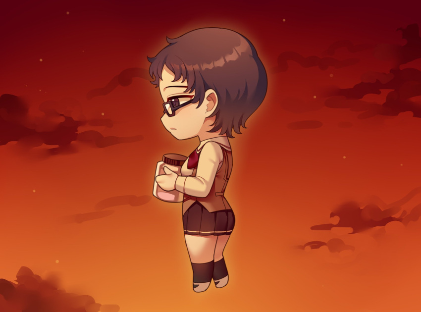1girl, black_eyes, black_hair, black_socks, chibi, clouds, collared_shirt, dusk