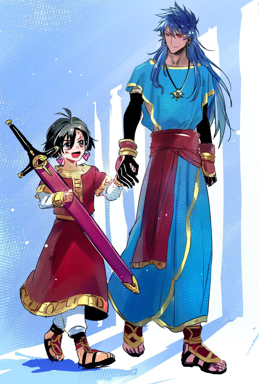 2boys, :d, aged_down, alternate_costume, antenna_hair, arm_guards, black_gloves, black_hair