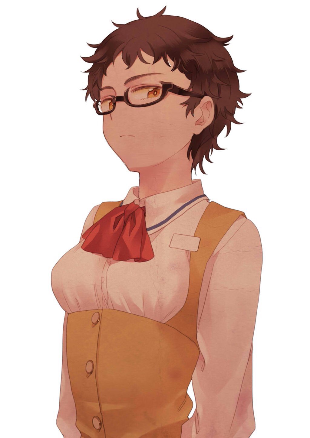 1girl, arms_behind_back, brown_hair, collared_shirt, commentary_request, expressionless, glasses, highres
