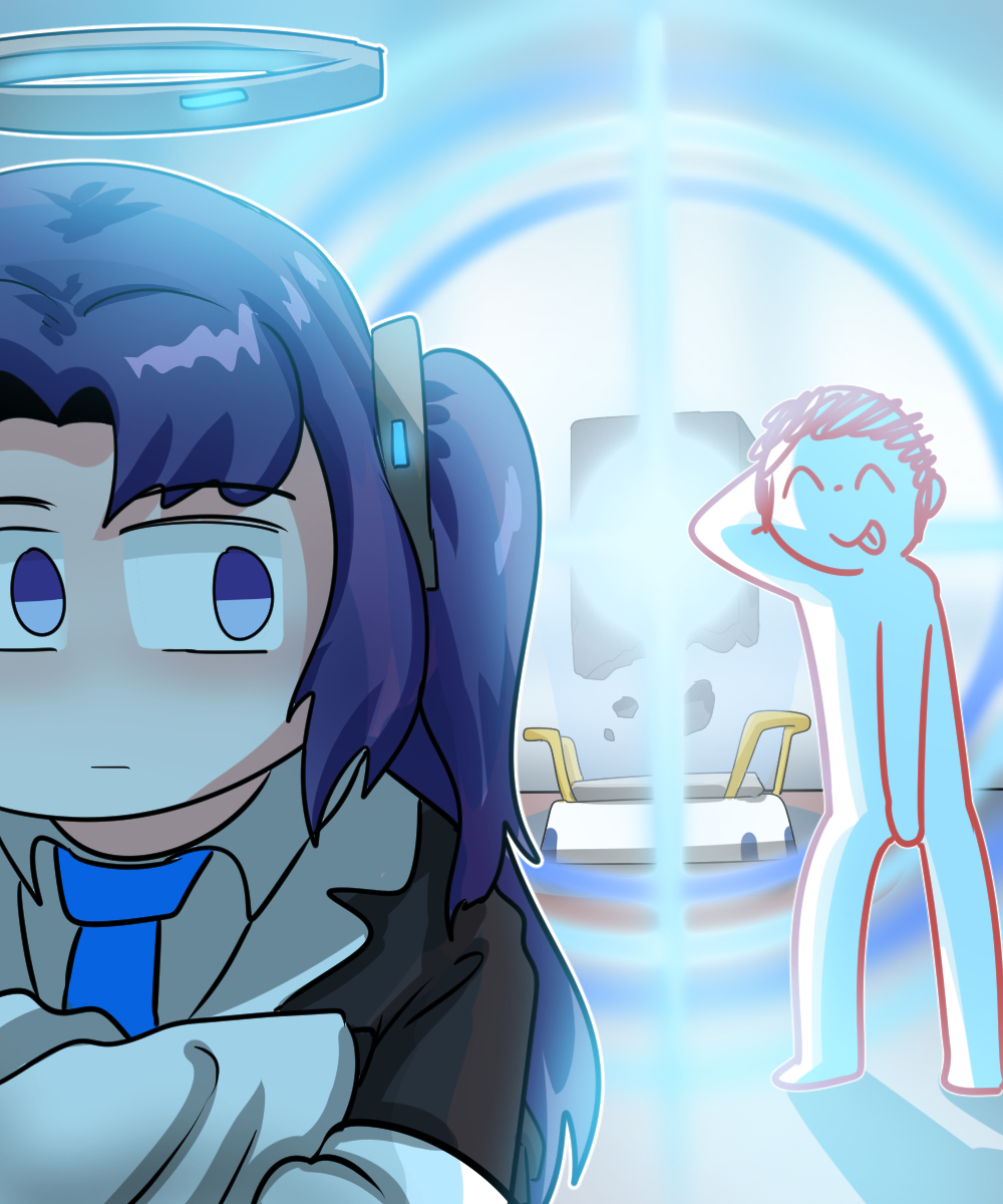 1boy, 1girl, :p, arona's_sensei_doodle_(blue_archive), blazer, blue_archive, blurry, c/h, coat, collared_shirt, crafting_chamber_(blue_archive), depth_of_field, english_commentary, floating, floating_object, gameplay_mechanics, glowing, hair_ornament, halo, highres, jacket, korean_commentary, long_hair, long_sleeves, looking_at_another, mixed-language_commentary, necktie, open_clothes, open_coat, parted_bangs, purple_hair, school_uniform, sensei_(blue_archive), shirt, sidelocks, stone_tablet, surprised, tongue, tongue_out, two_side_up, violet_eyes, yuuka_(blue_archive)