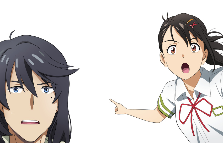1boy, 1girl, absurdres, black_hair, blue_eyes, brown_eyes, commentary_request, hair_ornament