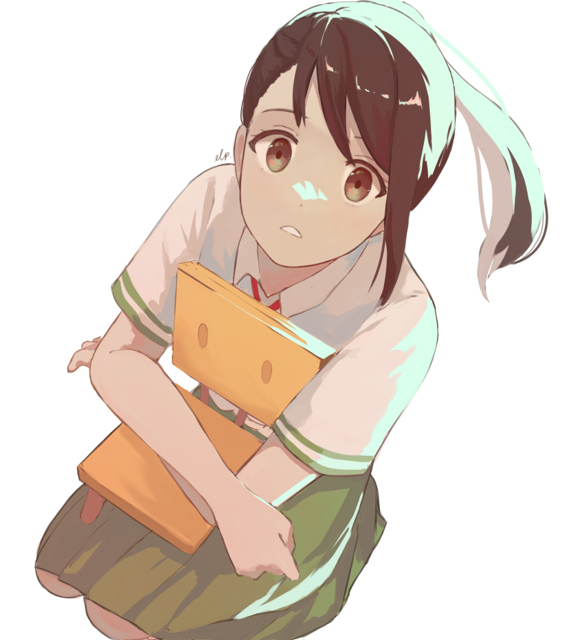 1girl, black_hair, chair, erufw, green_skirt, hair_between_eyes, highres, holding_chair, looking_at_viewer, neck_ribbon, open_mouth, ponytail, red_ribbon, ribbon, school_uniform, seiza, shirt, short_sleeves, signature, simple_background, sitting, skirt, solo, suzume_(suzume_no_tojimari), suzume_no_tojimari, teeth, white_background, white_shirt, worried