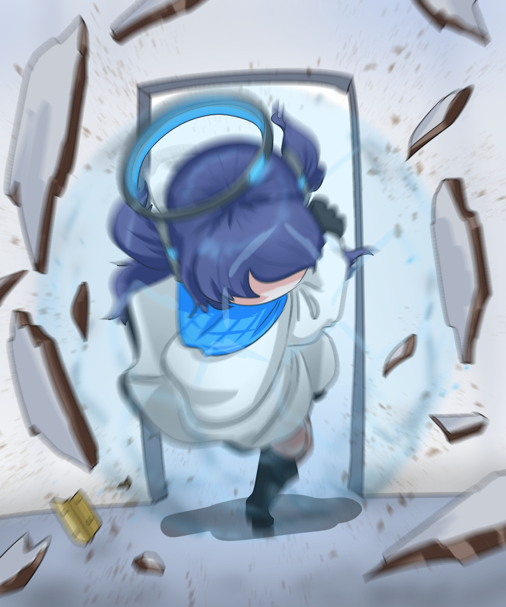 1girl, black_gloves, blue_archive, breaking, breaking_and_entering, broken_door, c/h, coat