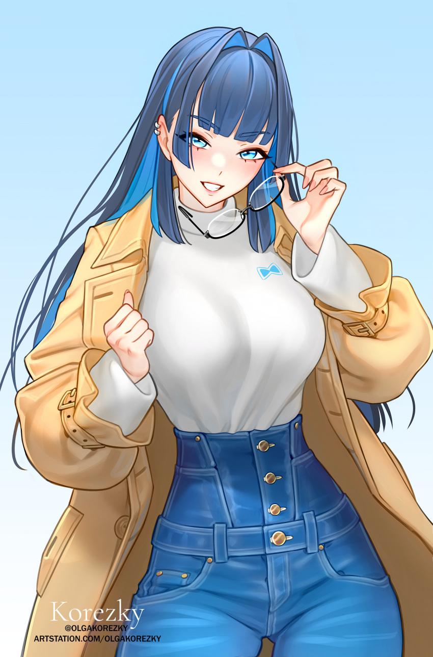 1girl, absurdres, blue_eyes, blue_hair, breasts, coat, denim, earrings