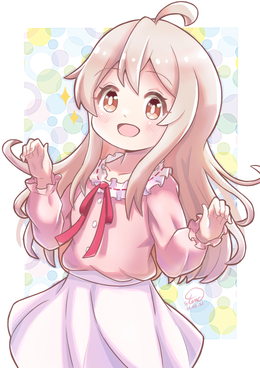 1girl, ahoge, antenna_hair, brown_eyes, etenc, genderswap, genderswap_(mtf), highres