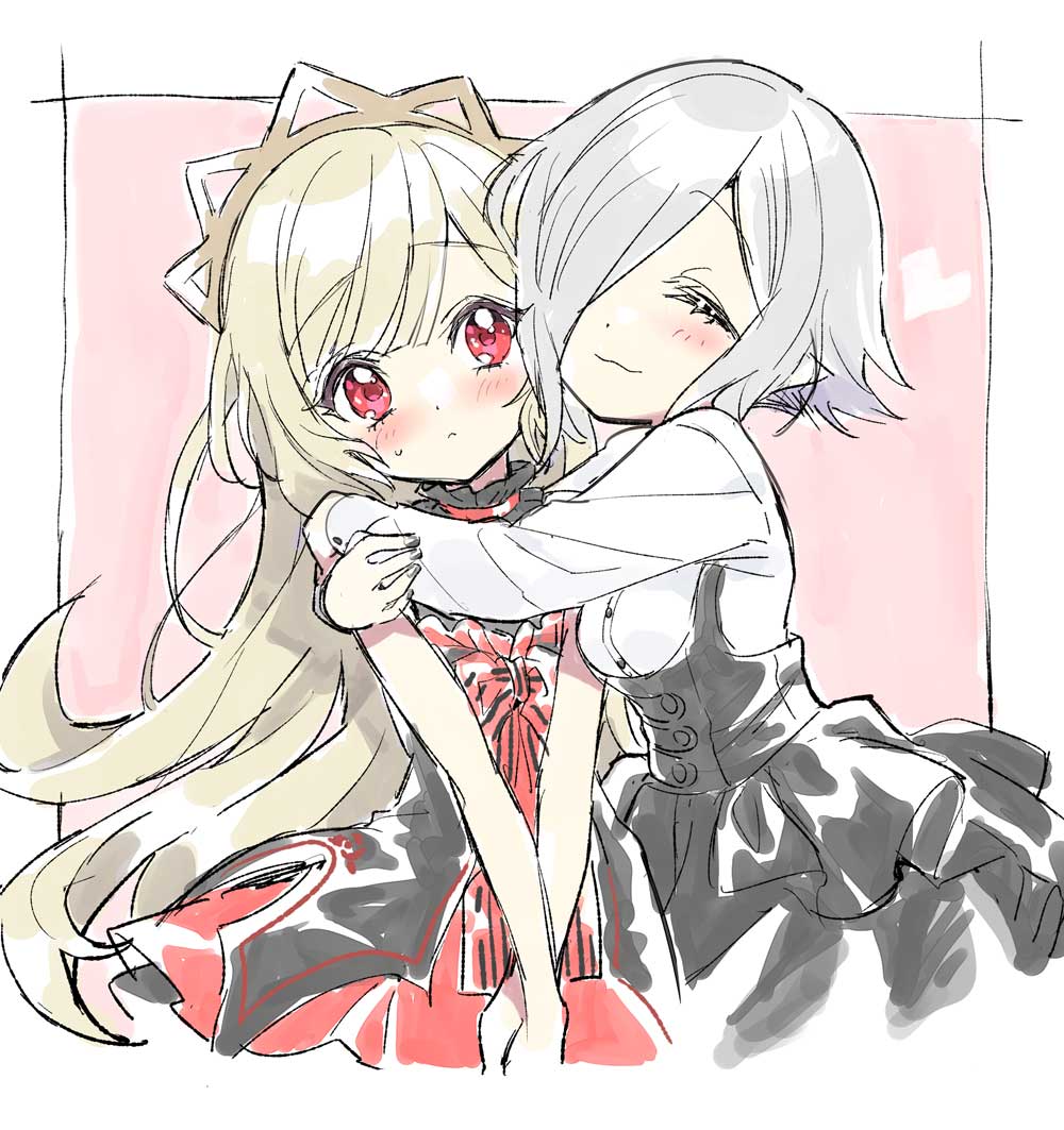 2girls, blonde_hair, blush, breasts, closed_eyes, closed_mouth, ecute, hair_over_one_eye