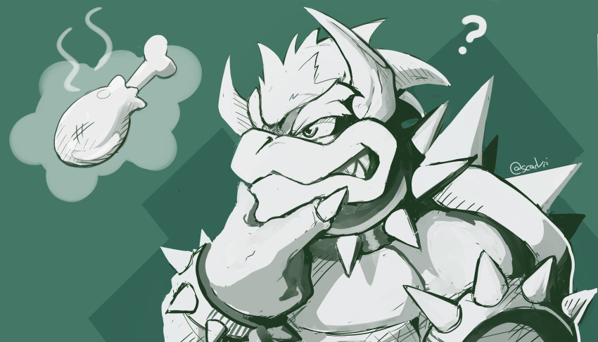 1boy, ?, absurdres, armlet, bowser, bracelet, chicken_(food), chicken_leg