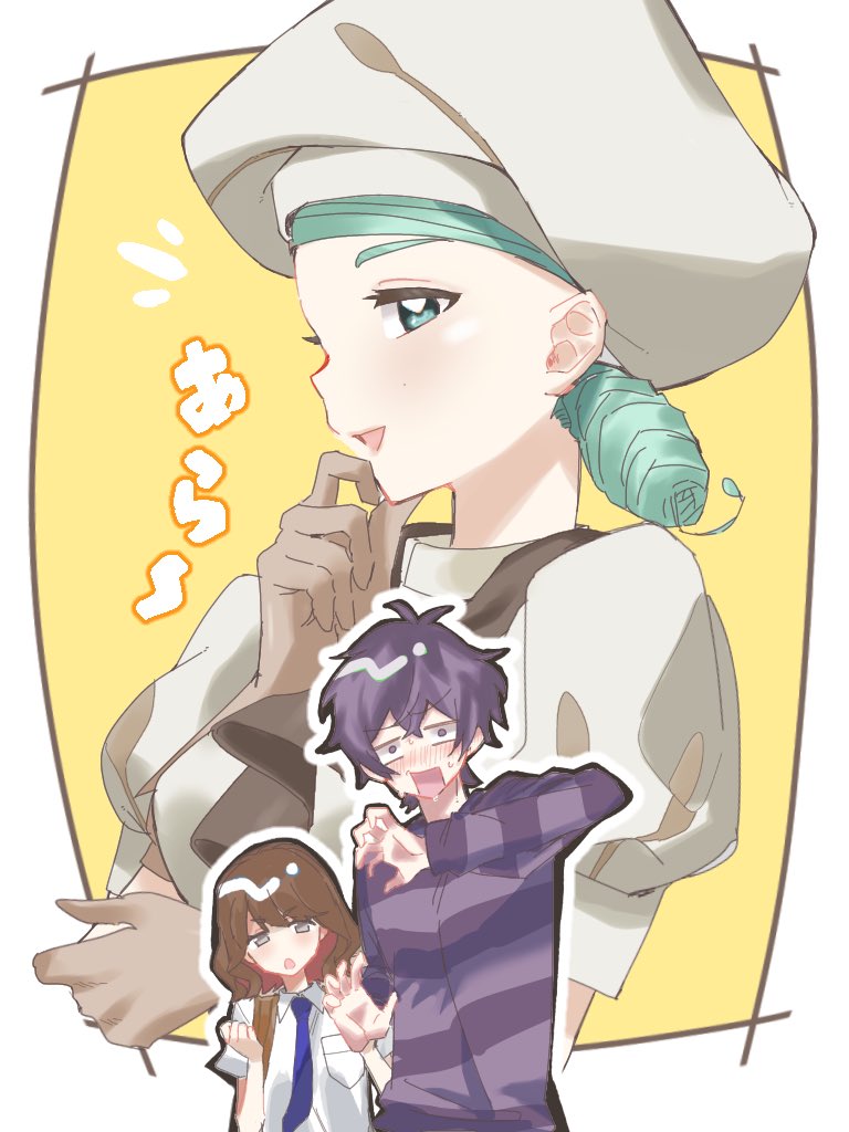 1boy, 2girls, ascot, blush, breasts, brown_ascot, chef_hat, green_eyes