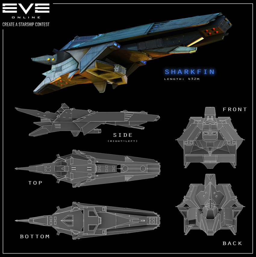3d, battlecruiser_(eve_online), black_background, caldari_state_(eve_online), commentary, concept_art, copyright_name, english_text
