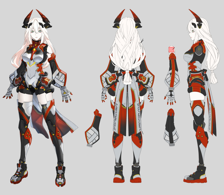 1girl, absurdres, android, artist_request, blue_eyes, breasts, expressionless, from_behind, from_side, full_body, hair_between_eyes, highres, horns, kanui_(pso2), long_hair, low-tied_long_hair, mechanical_horns, medium_breasts, multiple_views, official_art, phantasy_star, phantasy_star_online_2, phantasy_star_online_2_new_genesis, red_eyeliner, reference_sheet, sidelocks, solo, turnaround, very_long_hair