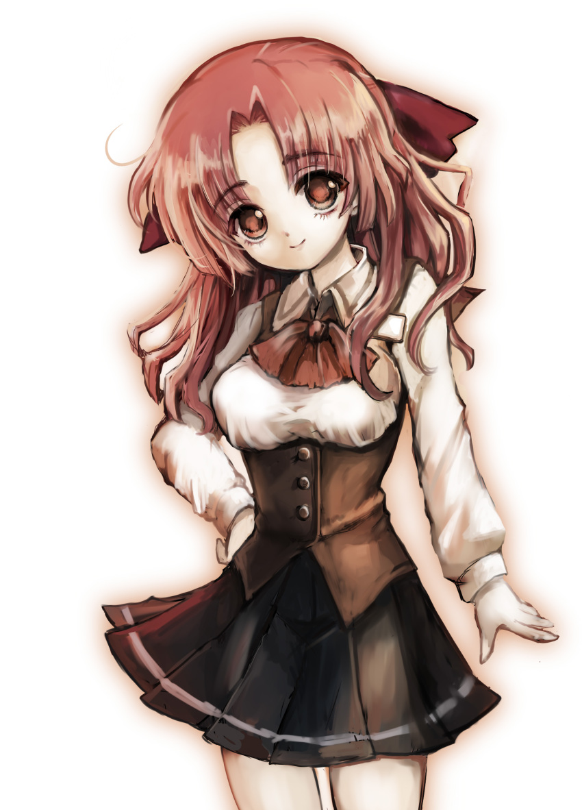 1girl, black_skirt, collared_shirt, commentary_request, cowboy_shot, hair_ribbon, highres, leche