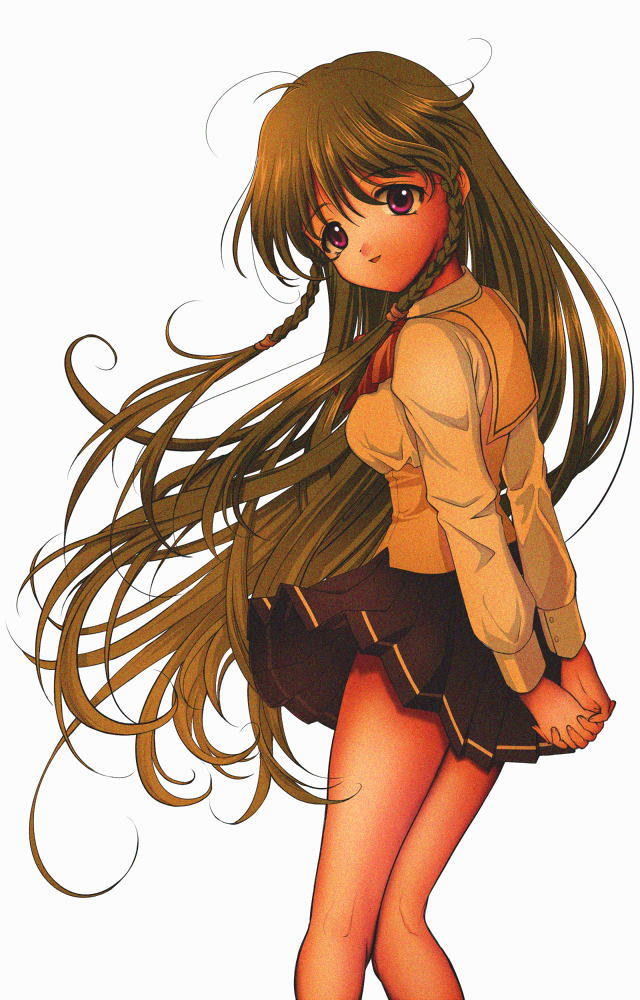 1girl, ahoge, black_skirt, braid, collared_shirt, feet_out_of_frame, film_grain, floating_hair