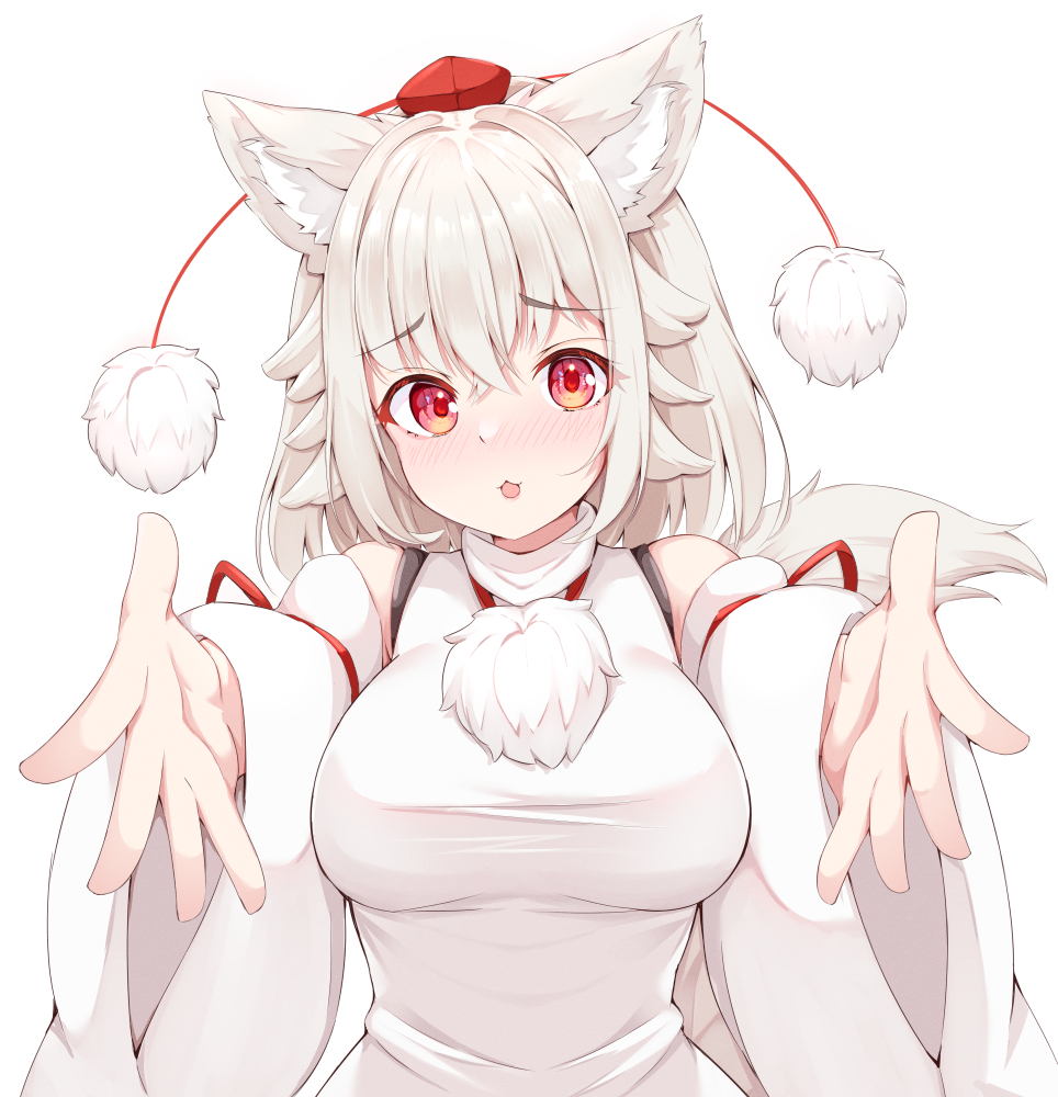 1girl, animal_ears, breasts, commentary, detached_sleeves, hat, inubashiri_momiji, large_breasts, looking_at_viewer, open_mouth, pom_pom_(clothes), reaching_towards_viewer, red_eyes, red_headwear, rururiaru, shirt, short_hair, solo, tokin_hat, touhou, upper_body, white_hair, white_shirt, wide_sleeves, wolf_ears, wolf_girl