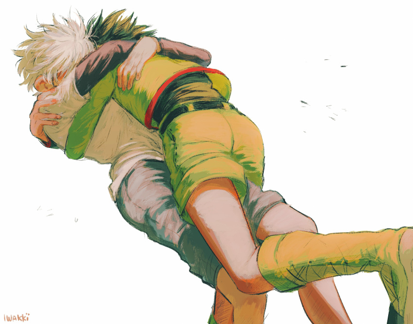 2boys, absurdres, black_shirt, black_shorts, gon_freecss, green_footwear, green_hair, green_jacket