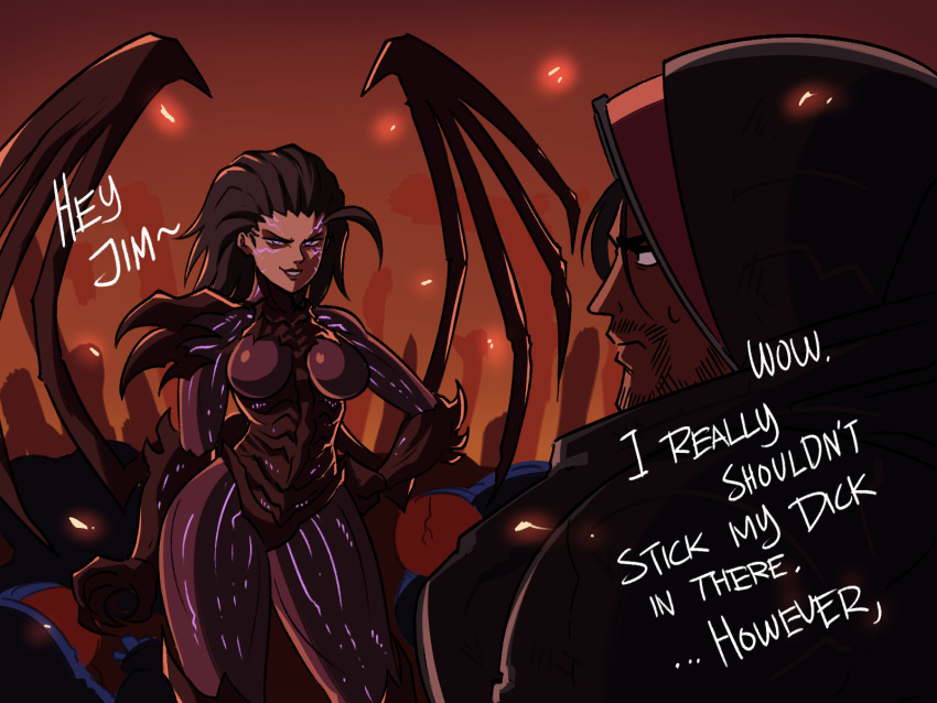 1boy, 1girl, alien, armor, claws, cracked_helmet, embers, english_text