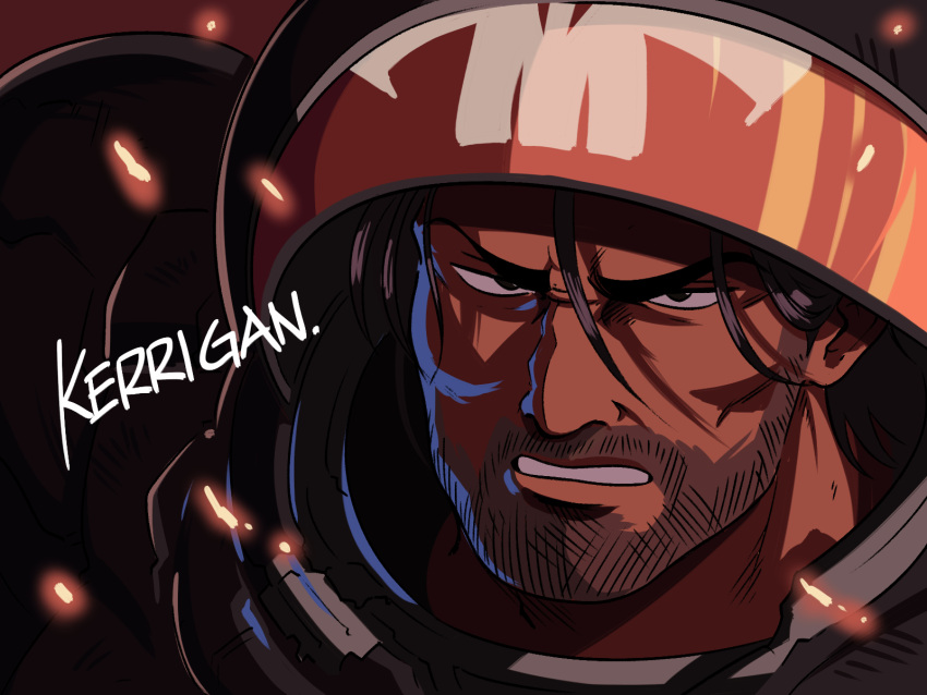 1boy, black_eyes, black_hair, embers, english_text, facial_hair, hair_between_eyes, helmet