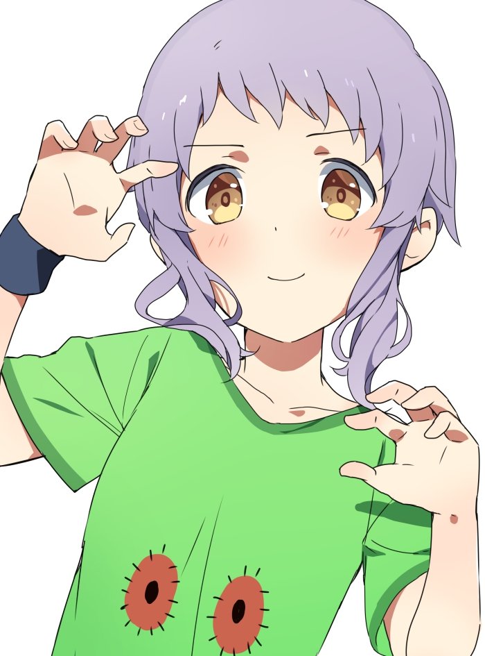 1girl, blush, chupacabra_(idolmaster), claw_pose, collarbone, commentary_request, flat_chest, green_shirt