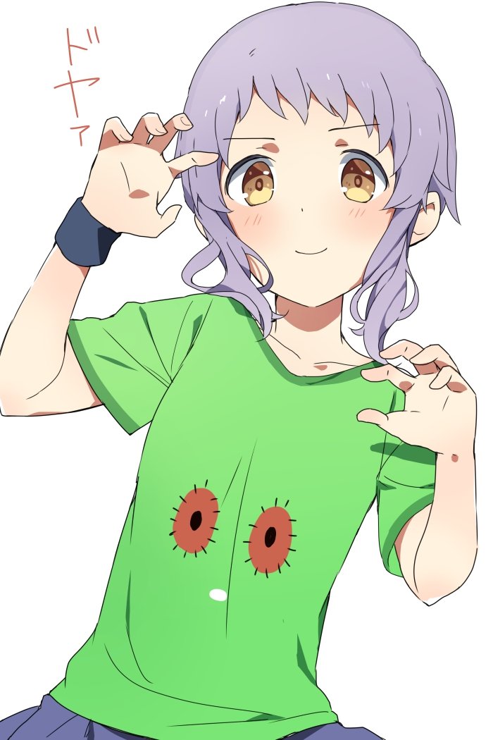 1girl, blue_skirt, blush, chupacabra_(idolmaster), claw_pose, collarbone, commentary_request, flat_chest