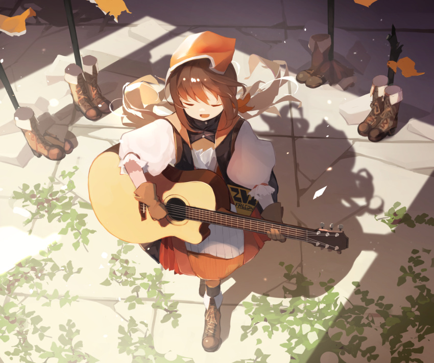 1girl, acoustic_guitar, boots, brown_gloves, brown_hair, character_name, closed_eyes, commentary
