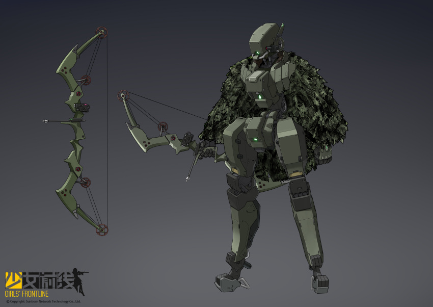 arrow_(projectile), bow_(weapon), camouflage, camouflage_cape, centaurus_(girls'_frontline), commentary, company_name, copyright