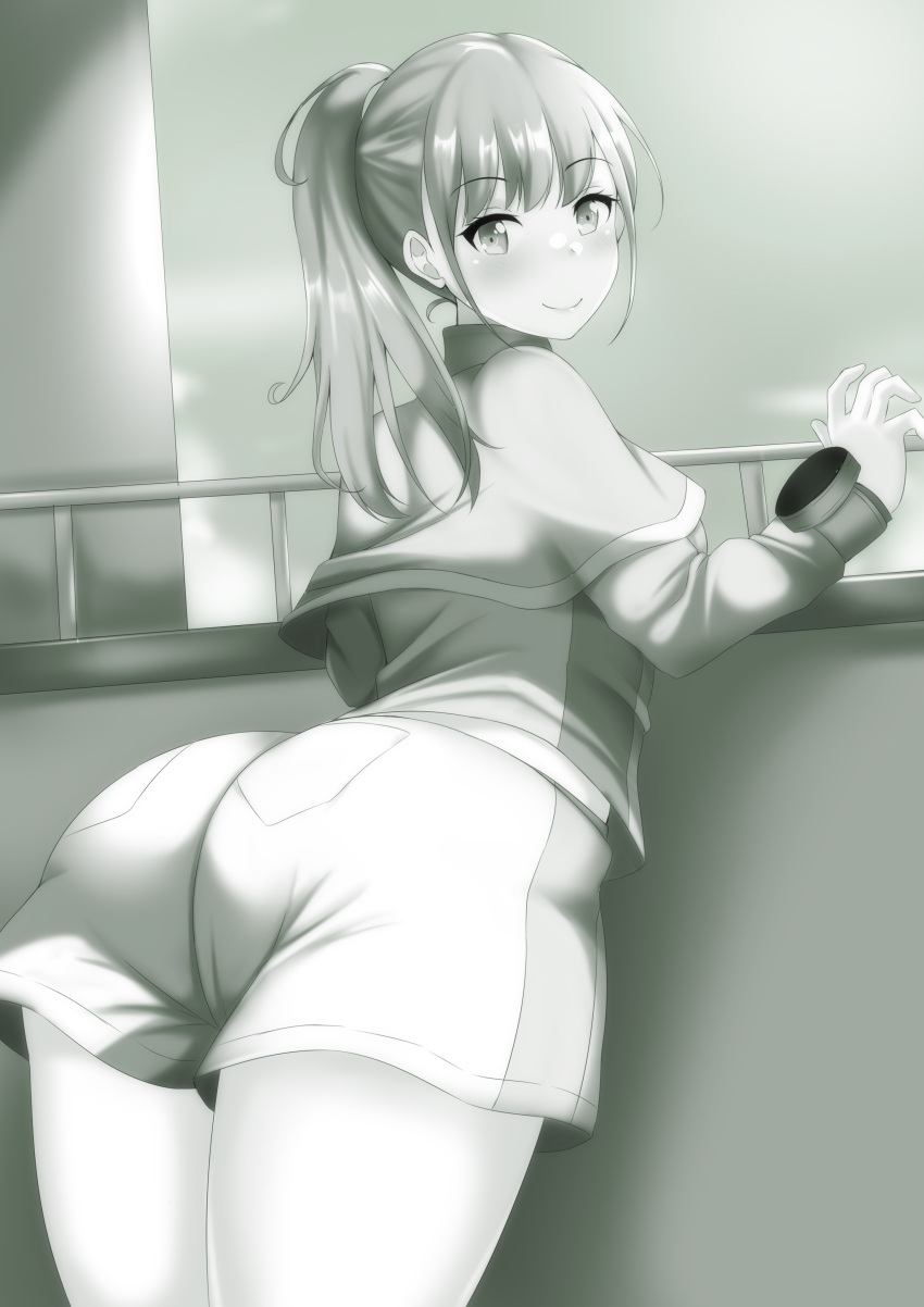 1girl, absurdres, ass, bracelet, greyscale, hayami_sena, highres, jewelry, mashin_sentai_kiramager, monochrome, pandacross, ponytail, shorts, smile, solo, super_sentai, tagme, tokusatsu