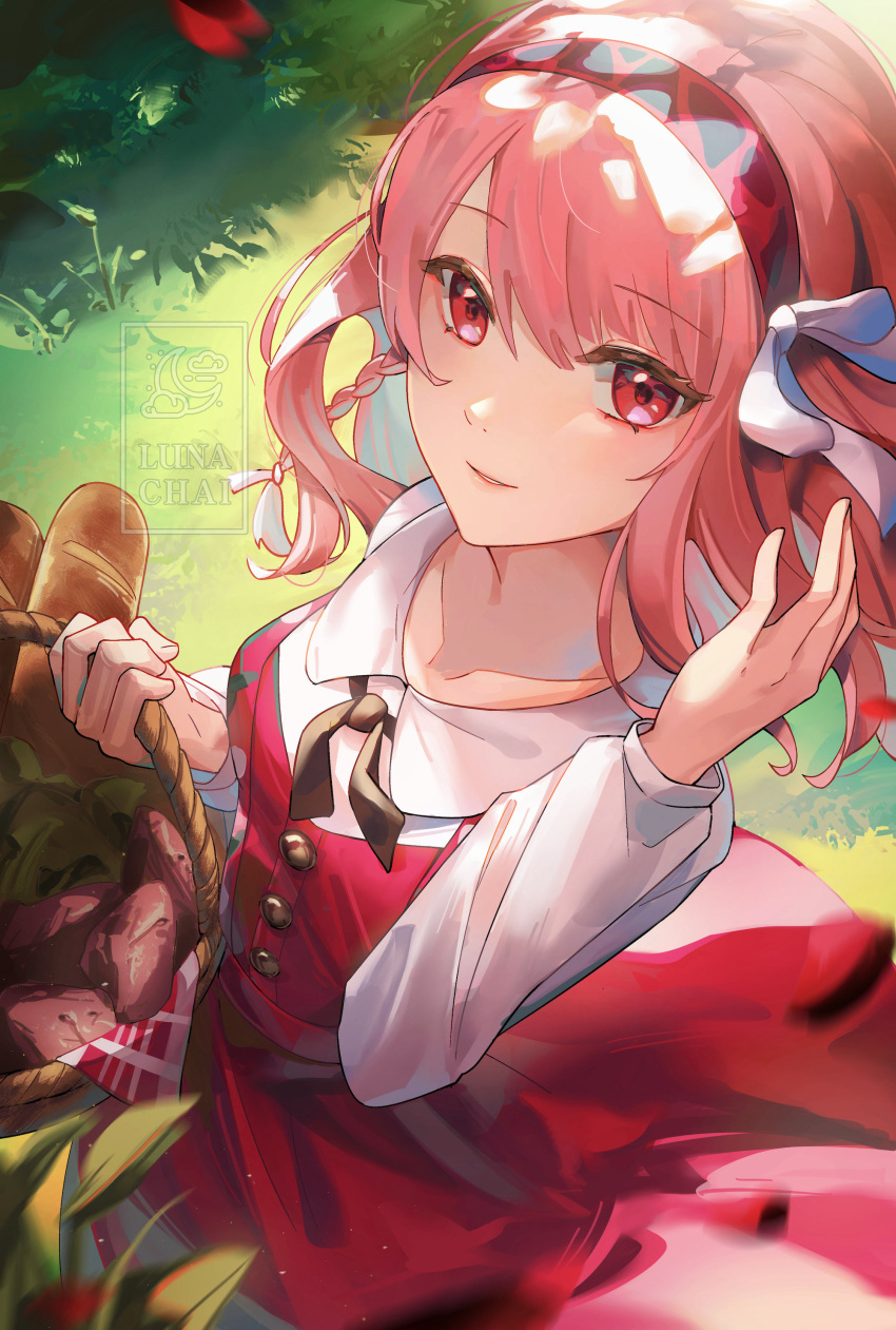 1girl, absurdres, baguette, basket, braid, bread, casual, fire_emblem, food, hair_ribbon, hairband, highres, holding, holding_basket, lapis_(fire_emblem), looking_at_viewer, lunachaili, official_alternate_costume, picnic_basket, pink_eyes, pink_hair, red_eyes, red_hairband, ribbon, short_hair, side_braid, solo, swept_bangs, two-tone_hairband, white_ribbon