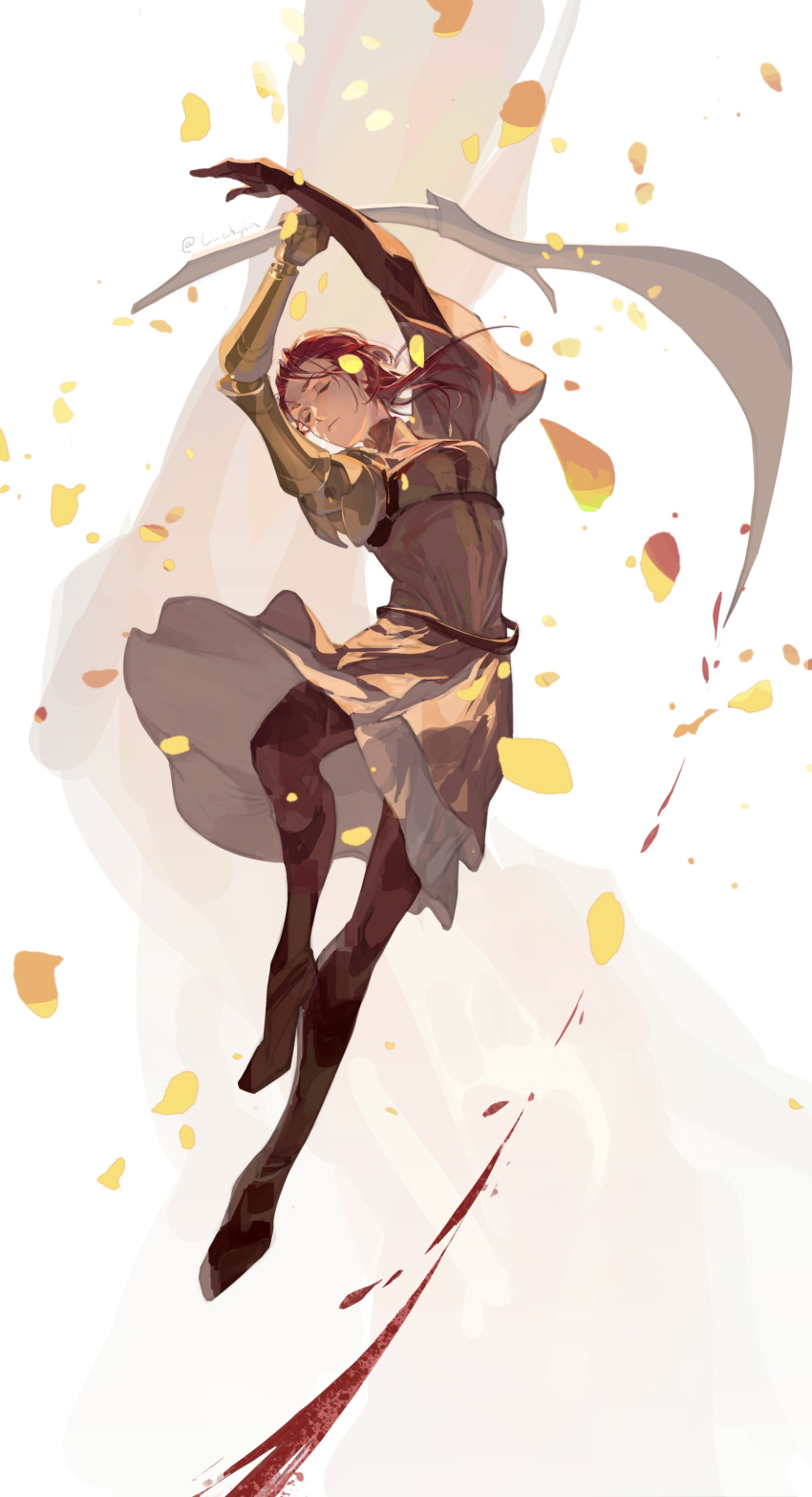 1girl, absurdres, arms_up, autumn_leaves, blood, blood_spray, boots, brown_dress