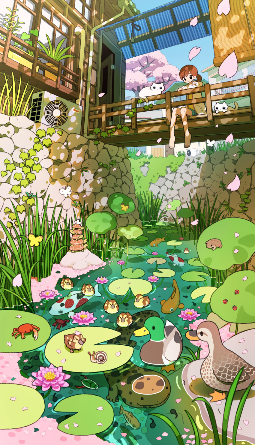 1girl, absurdres, air_conditioner, balcony, barefoot, beetle, bird, blue_shorts
