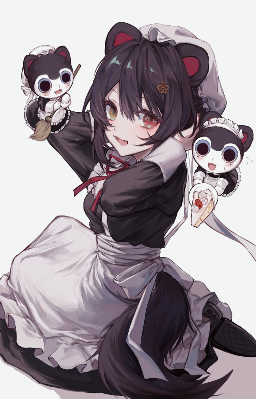 1girl, absurdres, animal_ears, apron, black_dress, black_footwear, black_hair, broom, cake, crossed_bangs, dog, dog_ears, dress, dropping, fangs, flower, food, hair_between_eyes, hair_flower, hair_ornament, heterochromia, highres, holding, holding_broom, holding_plate, inui_toko, kneeling, living_plush, looking_at_viewer, looking_back, maid, maid_headdress, neck_ribbon, nijisanji, oha_5250, open_mouth, plate, red_eyes, red_ribbon, ribbon, simple_background, smile, solo, strawberry_shortcake, sweat, tail, virtual_youtuber, waist_apron, white_apron, white_background, white_headwear, wrist_cuffs, yellow_eyes