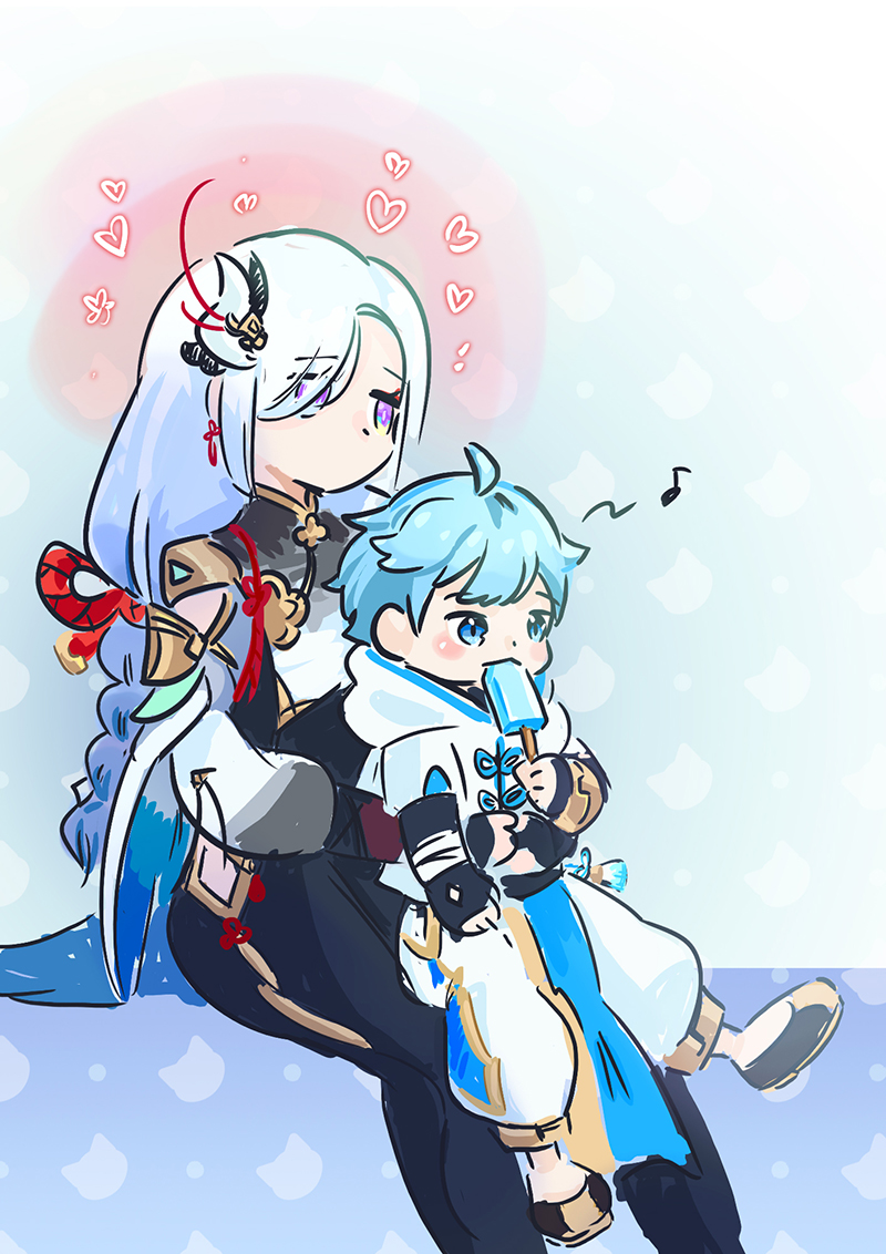 1boy, 1girl, aged_down, ahoge, aunt_and_nephew, blue_eyes, blue_hair, chinese_clothes