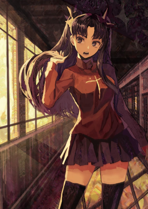1girl, black_hair, black_ribbon, black_skirt, black_thighhighs, clip_studio_paint_(medium), fate/stay_night, fate_(series)