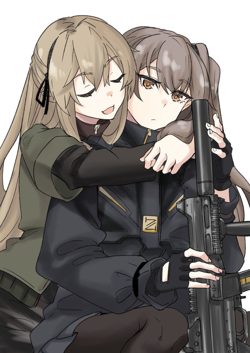 2girls, black_gloves, black_jacket, brown_eyes, brown_hair, closed_eyes, fingerless_gloves, girls_frontline