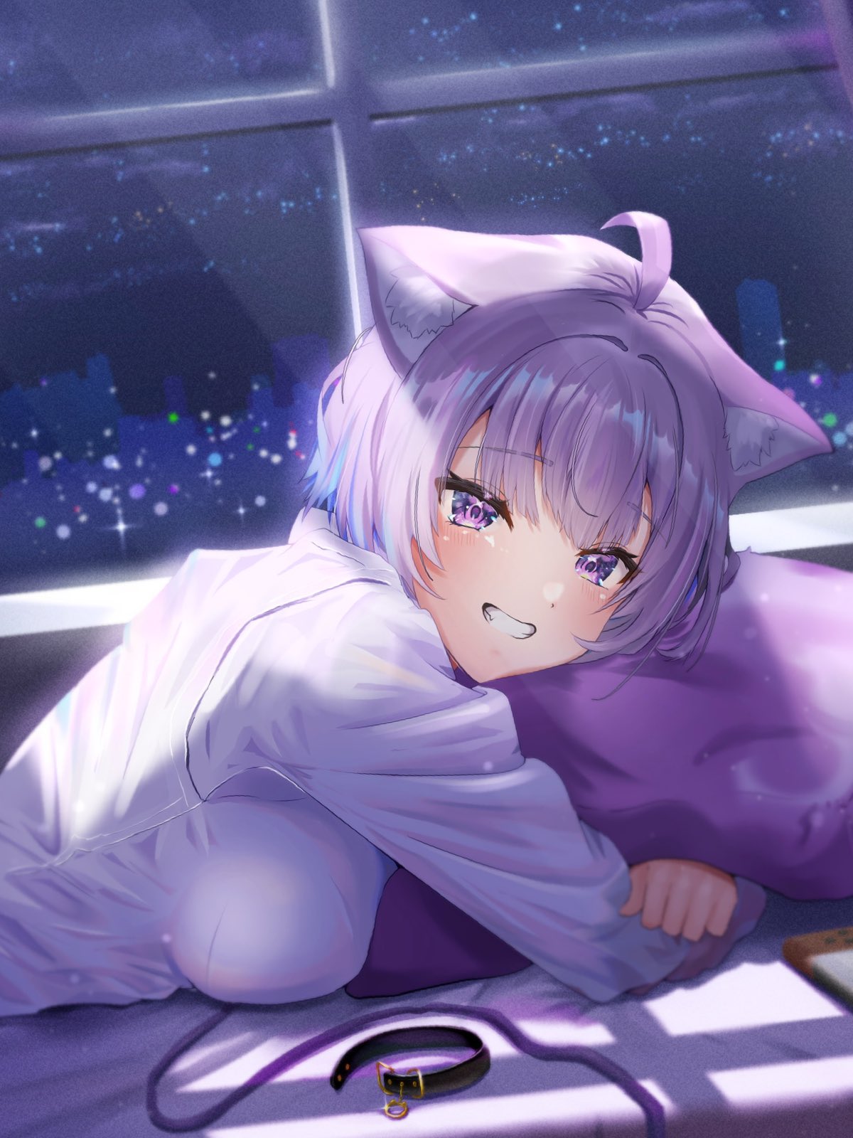1girl, ahoge, animal_ears, backlighting, black_choker, blush, breasts, cat_ears