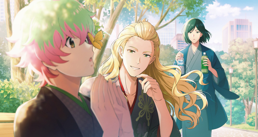 3boys, blonde_hair, bottle, brown_eyes, bug, butterfly, butterfly_on_nose, green_hair, hair_between_eyes, hanamura_shoma, highres, holding, holding_bottle, idolmaster, idolmaster_side-m, idolmaster_side-m_growing_stars, japanese_clothes, kiyosumi_kuro, long_hair, male_focus, multiple_boys, nekoyanagi_kirio, official_art, parted_lips, pink_hair, sai_(idolmaster), smile, teeth, wide_sleeves