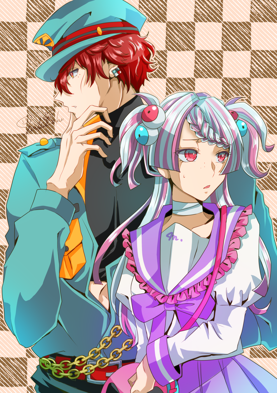 1boy, 1girl, akamura_shouma, bandaged_neck, bandages, earrings, eyeball_hair_ornament, facing_to_the_side